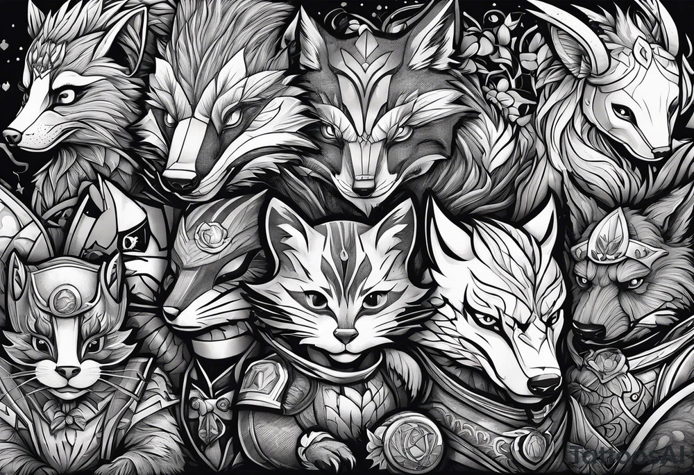 a super hero team which is combination of animals.
One is Badger/Wolverine One is Bull One is Wolf One is Axolotl One is Canary One is Lizard One is Cat tattoo idea