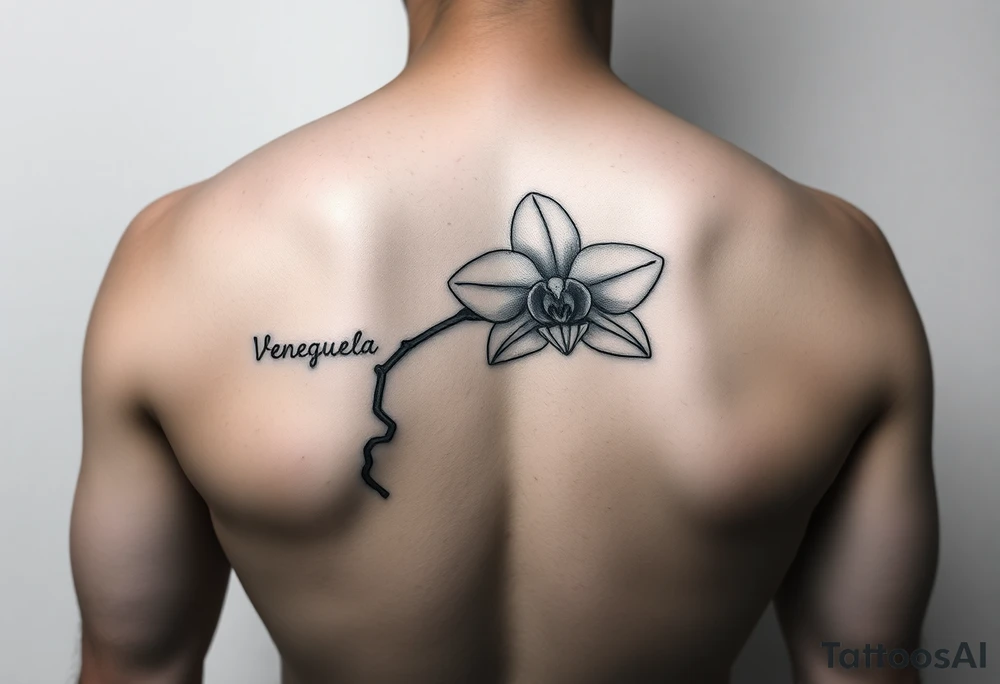 Line tattoo that uses the Venezuelan coastline as the stem of an orchid flower tattoo idea