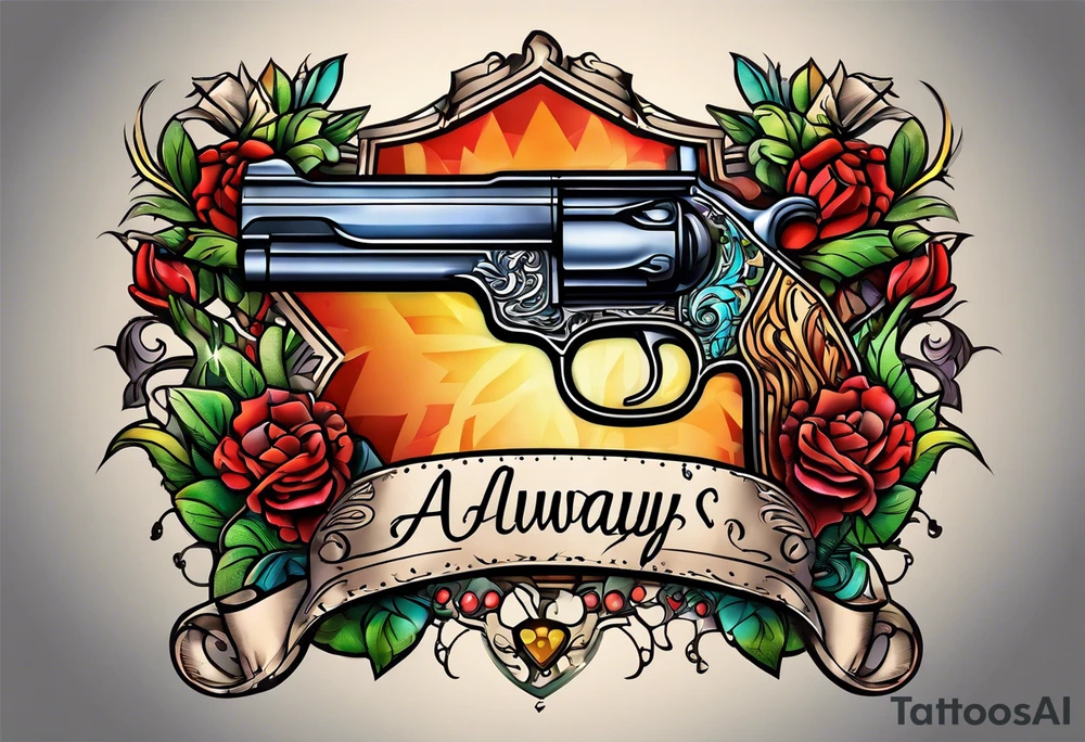 The letters AR with a pistol on each side and the word always on the top and the word ready on the bottom tattoo idea