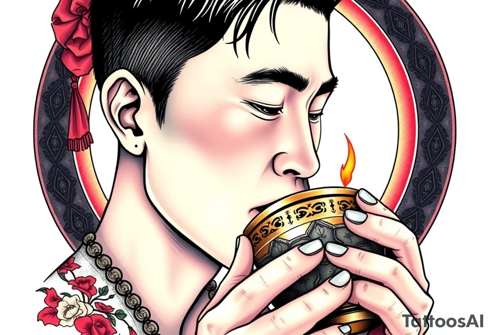 Handsome Asian young guy is drinking from medieval feast cup tattoo idea