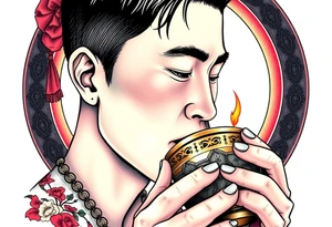 Handsome Asian young guy is drinking from medieval feast cup tattoo idea