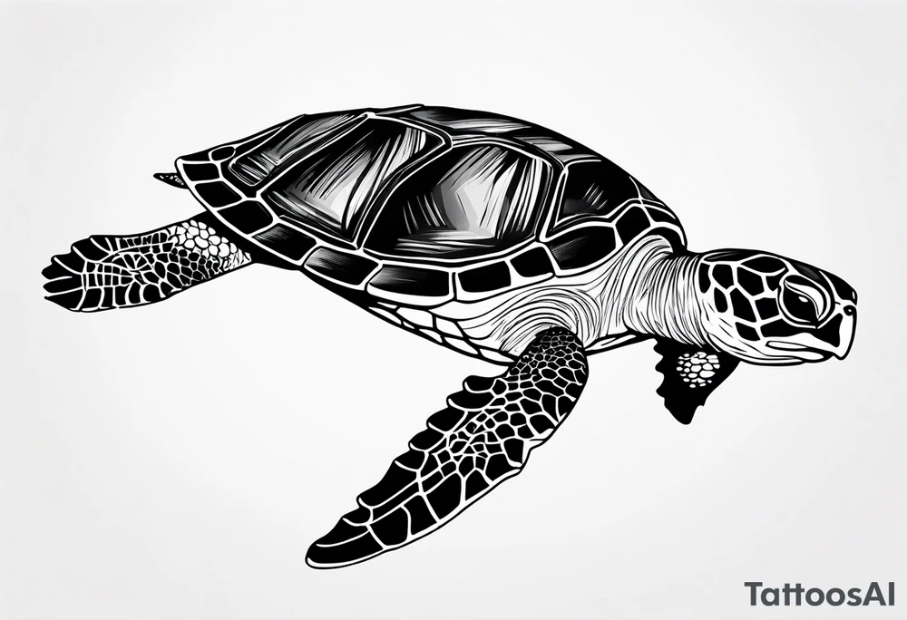 Hawksbill turtle swimming, side view, scuba diving tank on its back tattoo idea