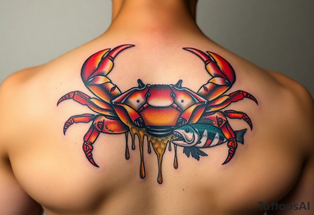 Powerful crab sureounded by dripping honey comb and coi fish tattoo idea