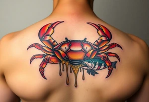 Powerful crab sureounded by dripping honey comb and coi fish tattoo idea