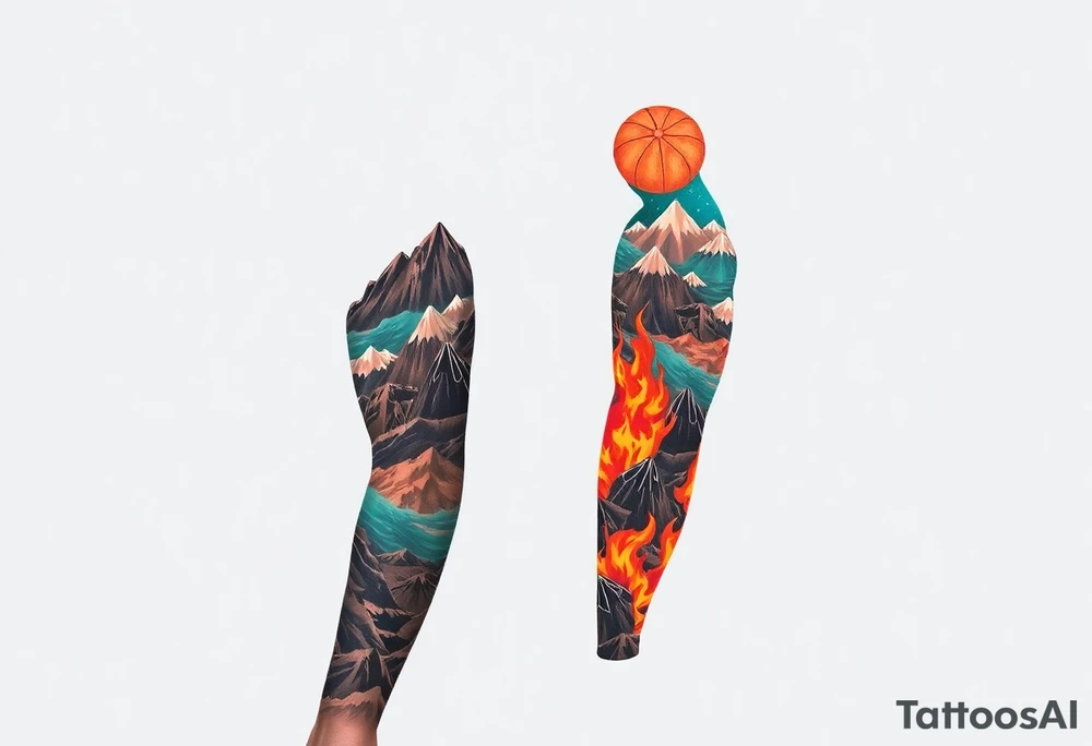 turtle sleeve with mountains, fire, water, air tattoo idea