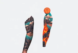 turtle sleeve with mountains, fire, water, air tattoo idea