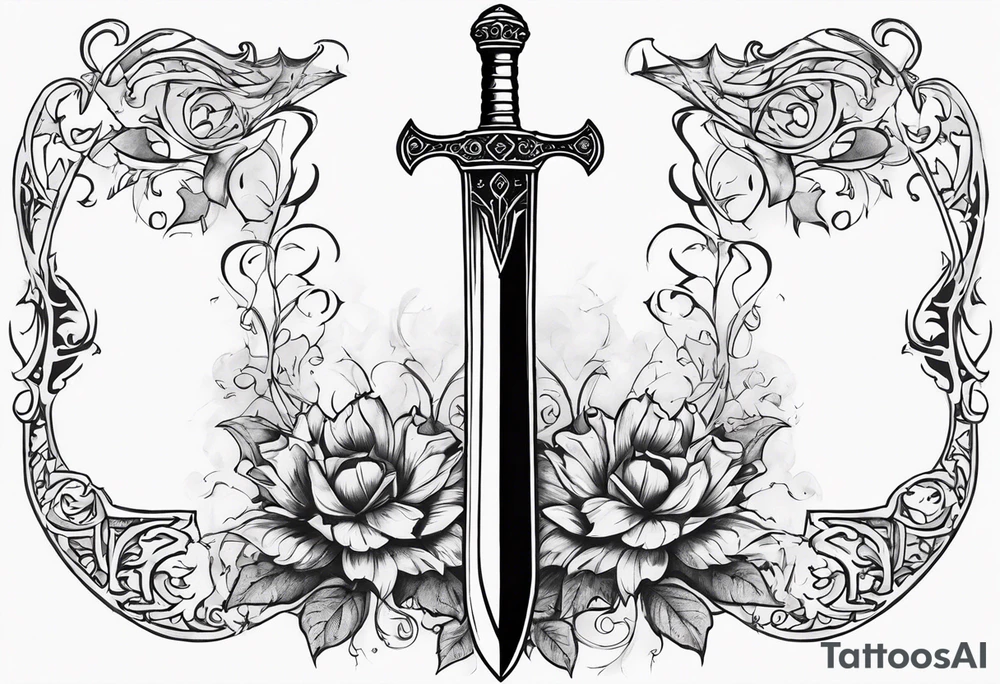 Sketch of a sword in gothic style with added creepy elements and the inscription “get rich” tattoo idea