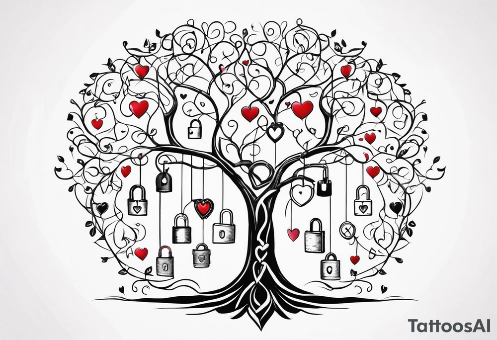 Family tree with lock and hearts with places to put names tattoo idea