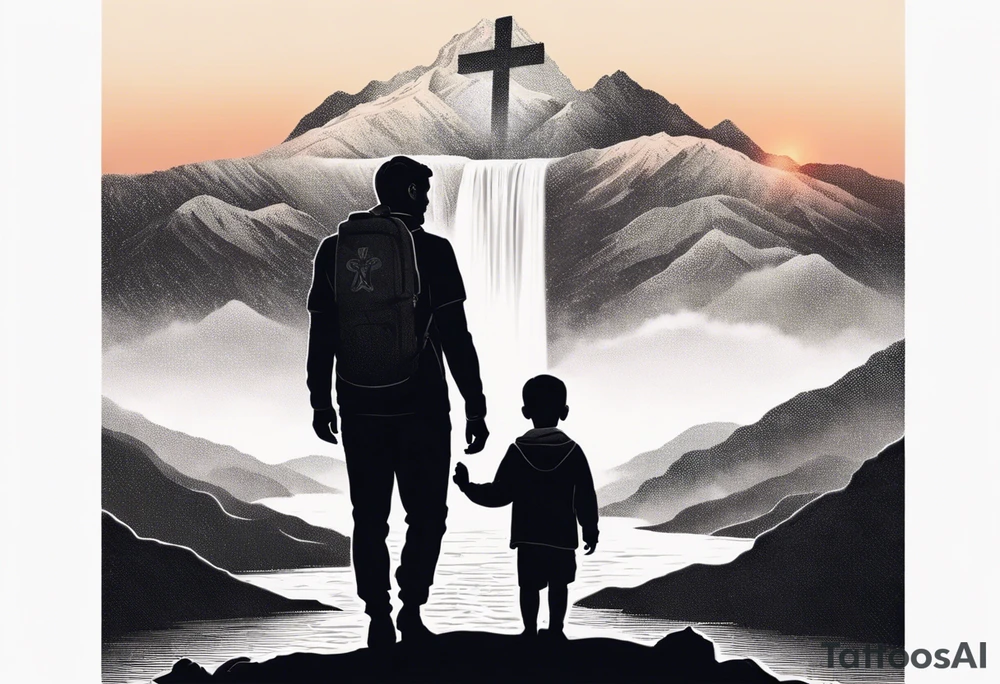 a father and son in the mountains with  a waterfall and cross in the background and a sunset tattoo idea