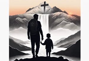 a father and son in the mountains with  a waterfall and cross in the background and a sunset tattoo idea