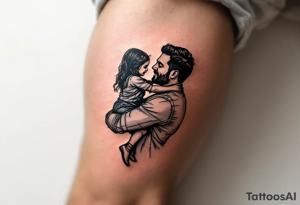 A line-art silhouette of a father lifting his daughter onto his shoulders, with a soft golden glow around them. tattoo idea