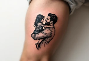 A line-art silhouette of a father lifting his daughter onto his shoulders, with a soft golden glow around them. tattoo idea
