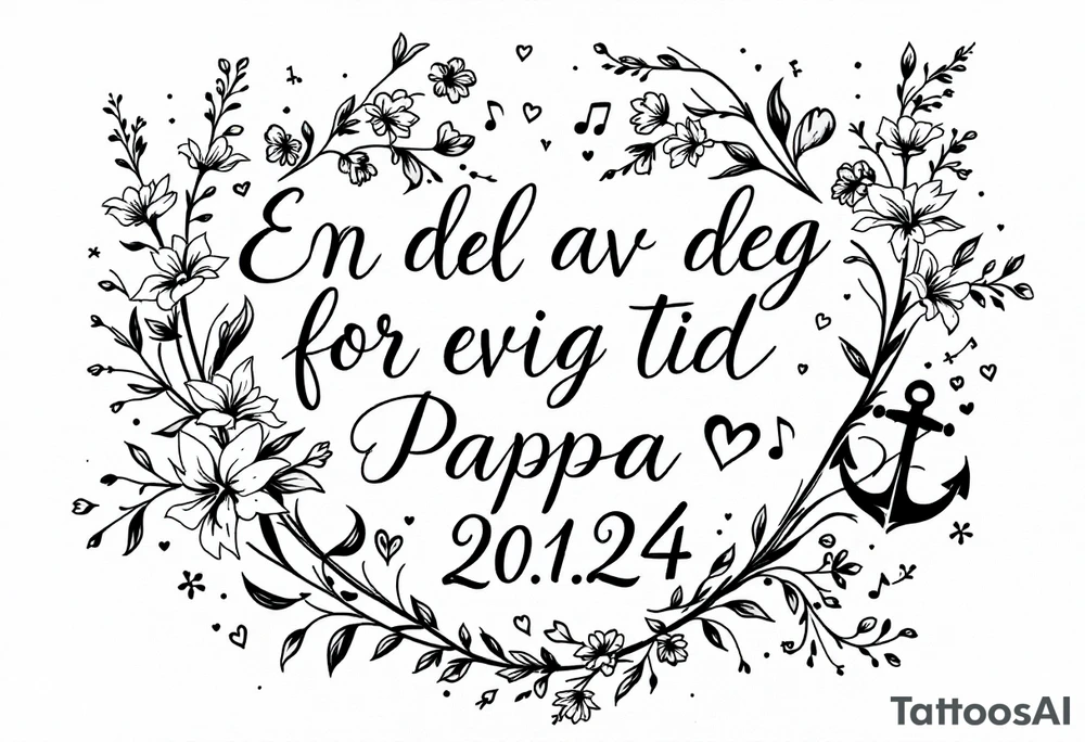 «En del av deg for evig tid
Pappa 20.12.24» Surrounded by long gladiolus, hearts, notes and an anchor tattoo idea
