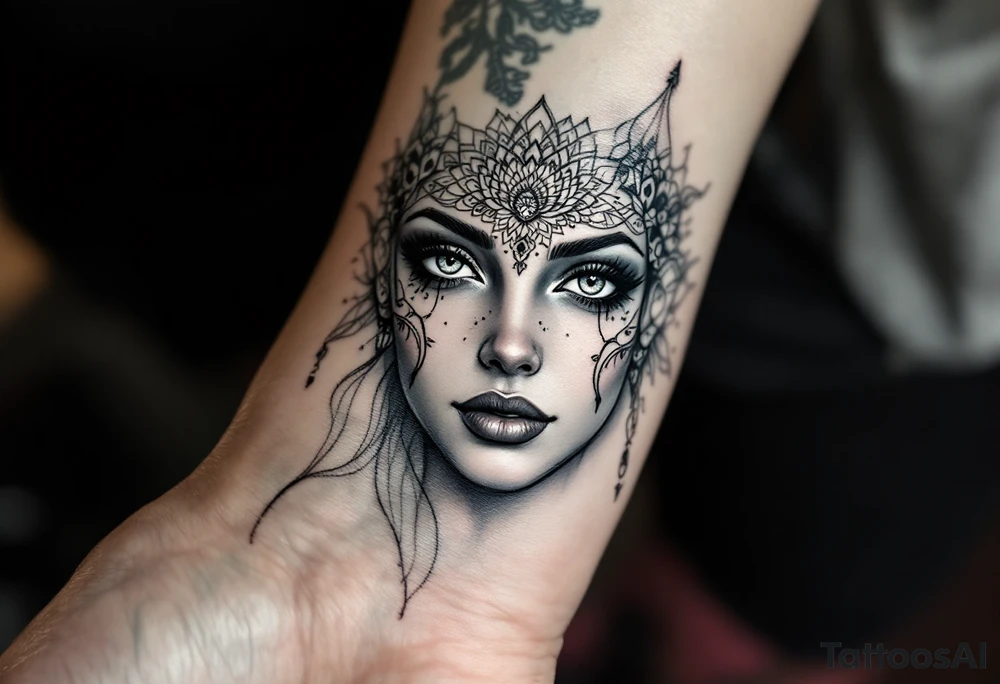 beautiful woman dmt deity eyes white with mandala fully behind head tattoo idea