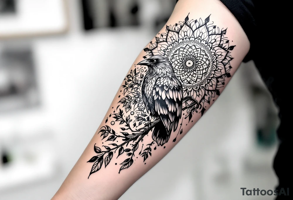 left arm tattoo of a raven mandala on a branch surrounded by mandala tattoo idea