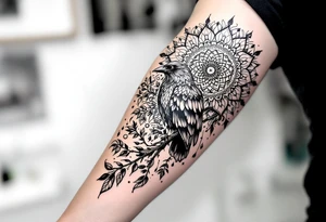 left arm tattoo of a raven mandala on a branch surrounded by mandala tattoo idea