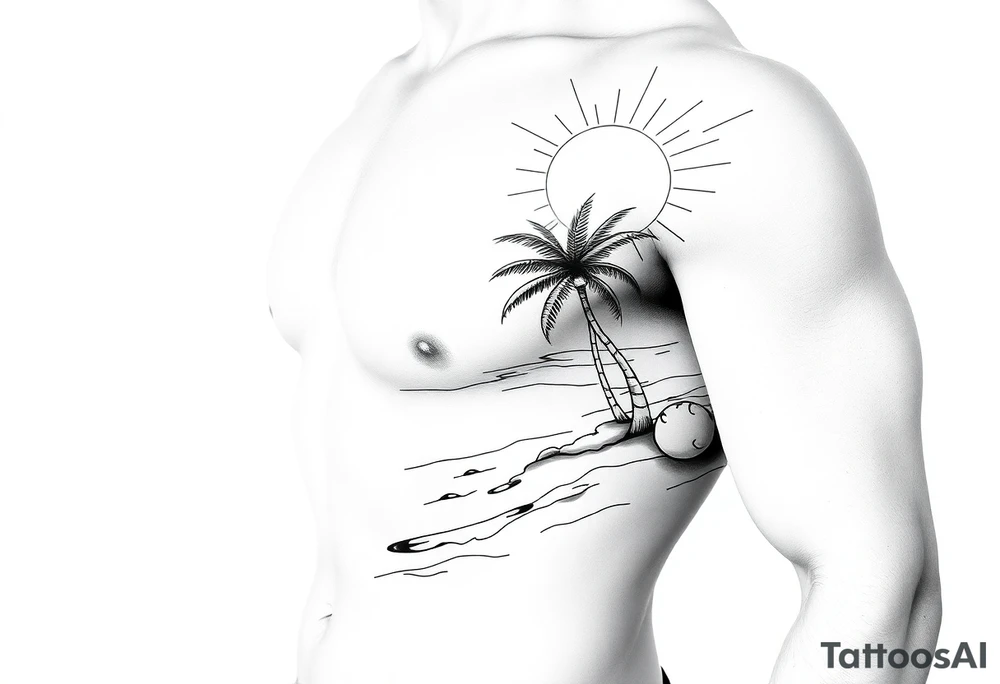 fine line, peaceful, serene, timeless, ocean, sand, palm tree, sun tattoo idea