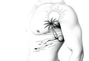 fine line, peaceful, serene, timeless, ocean, sand, palm tree, sun tattoo idea