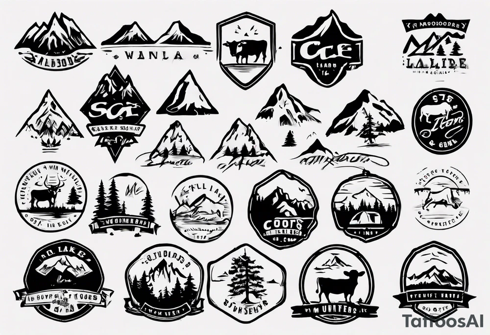 A logo for an outdoors company that includes an "S" and an "M". Includes a mountain, a lake, some trees, and a cow tattoo idea