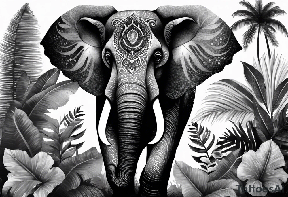 “A majestic elephant with its trunk raised, surrounded by tropical foliage, symbolizing memory and strength tattoo idea