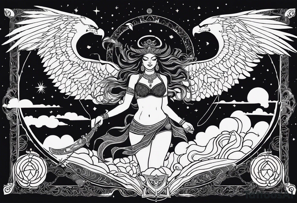 black kali, goddess pirate, alien, angel, pachamama, valkrye, warrior, flying, skull, lotus azul, wing, eagle, zenza resonance, stars, 5D, anahata chakra, death, durga, riding on a tiger, flying lady, chest tatoo tattoo idea