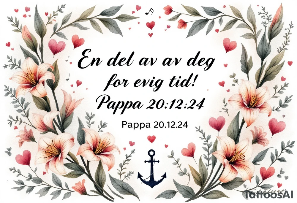 «En del av deg for evig tid!
Pappa 20.12.24» Surrounded by long gladiolus, hearts, notes and an anchor. tattoo idea