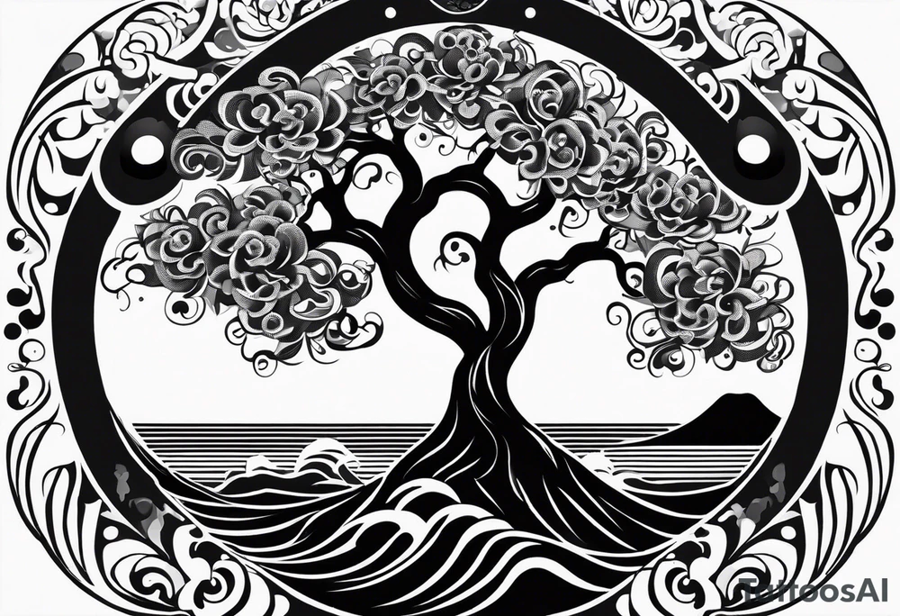 an abstract Tree of life tattoo design. Black and white. It should have roots growing out of the bottom. The roots slowly transform into water waves from the great wave by Hokusai. A golf ball should be placed discreetly. Like in the place of a moon. 2 license plate tags should be hanging from the tree. Place a few music notes. The letters A U should be engraved into the tree trunk in a heart tattoo idea