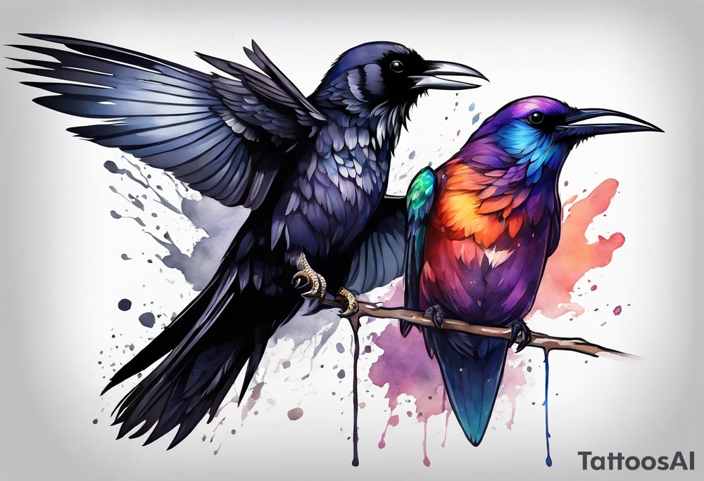 raven above a hummingbird with the raven facing right and the hummingbird facing left tattoo idea