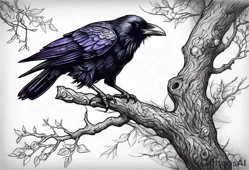 Evil Raven standing  on a tree branch tattoo idea