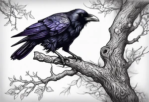 Evil Raven standing  on a tree branch tattoo idea