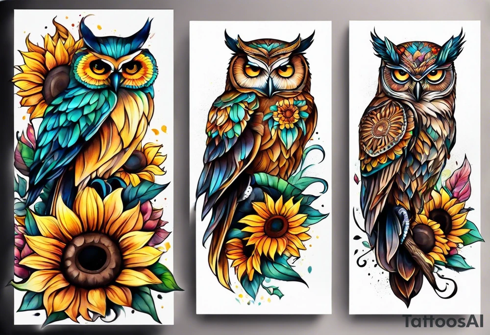 Leg sleeve with colorful sunflowers and an owl tattoo idea
