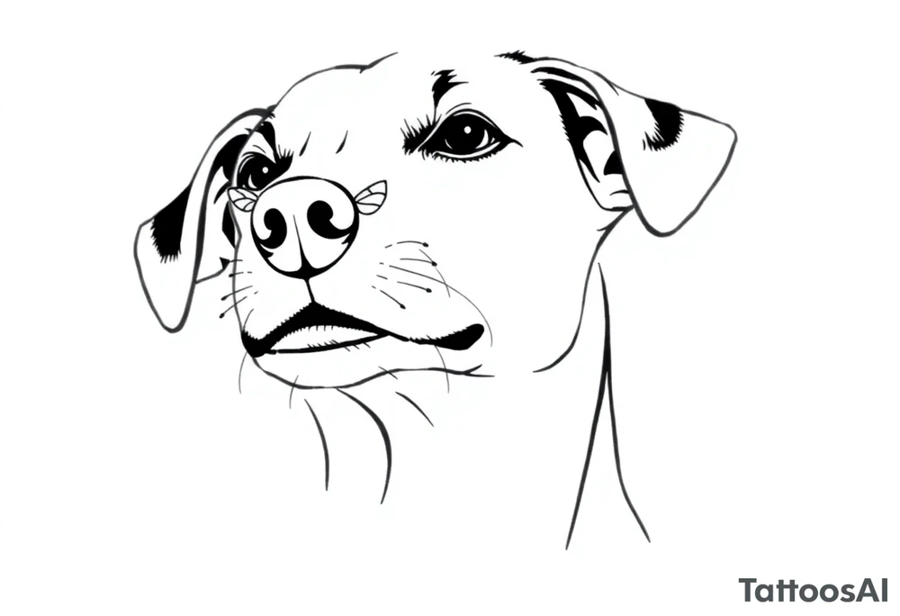dog with a bee sitting on his nose. fine line very simple tattoo idea