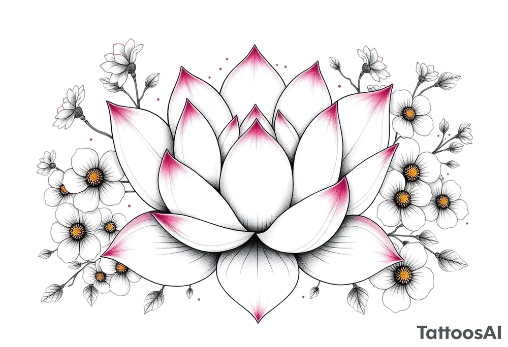 Lotus flower surrounded by forget me nots and peonies tattoo idea