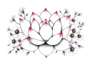 Lotus flower surrounded by forget me nots and peonies tattoo idea