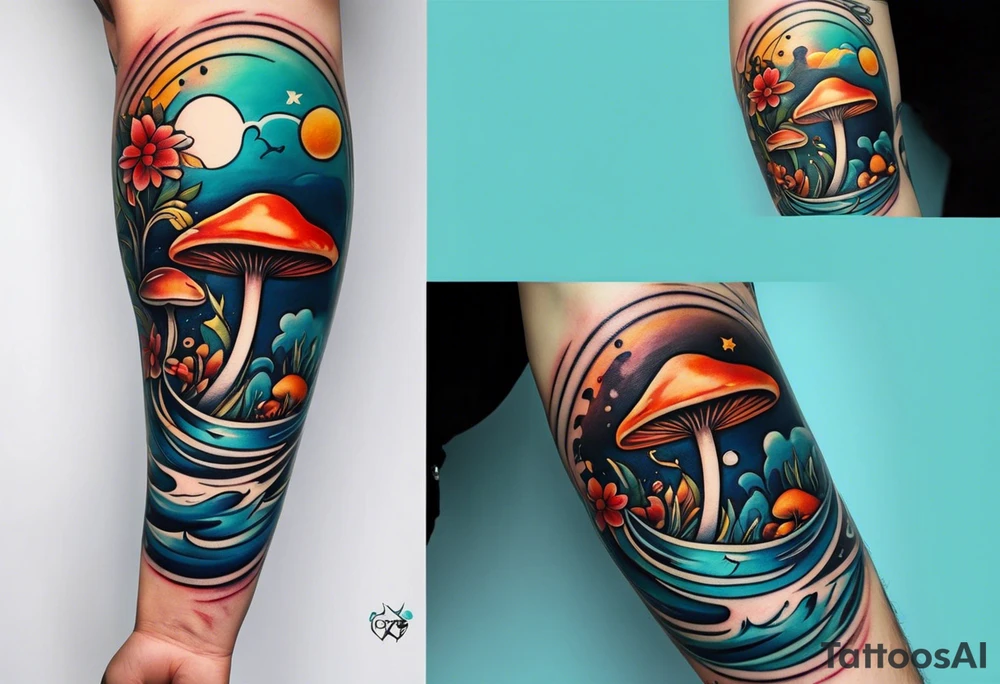 lots of empty space with simple line of icons down the back of the arm. there are four icons in this order:

1. a music note on a staff
2. a wave of water
3. a pocket
4. mushroom tattoo idea