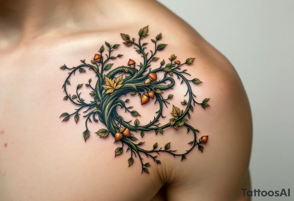 A nature-inspired design in earthy greens, browns, and golds, resembling intertwined vines or tree roots. The spirals can be adorned with tiny leaves, acorns, or even mushrooms, symbolizing growth, connection, and renewal. tattoo idea