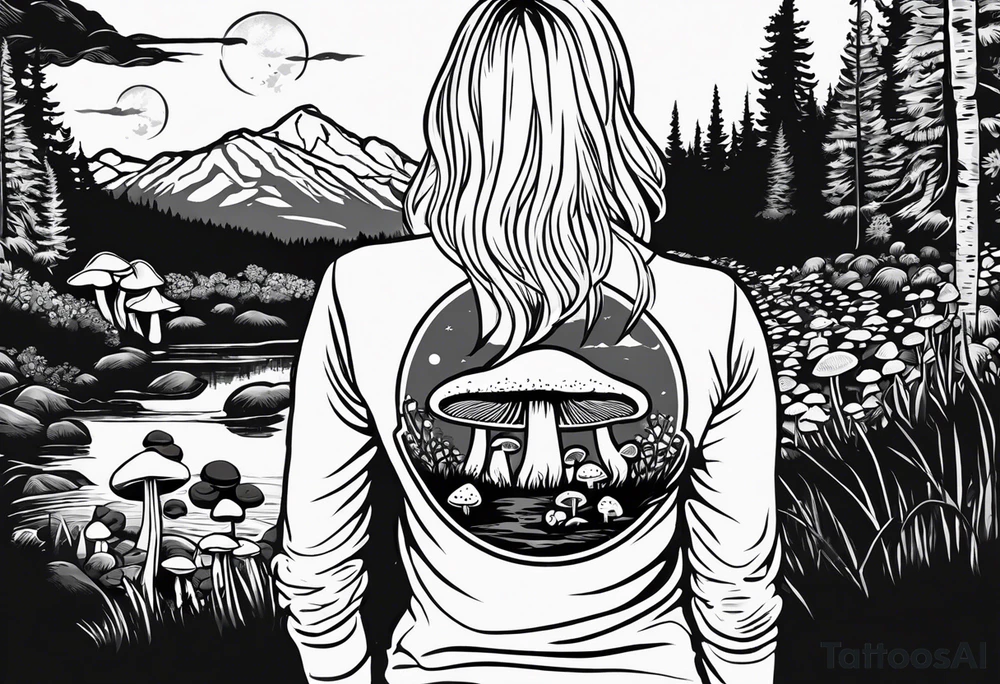 Whole picture encircled fully

Straight long blonde hair hippie girl in distance holding mushrooms in hand facing away toward mountains and creek surrounded by mushrooms long sleeve shirt and hiking pants; whole rendering within a full circle, no cut off circle tattoo idea