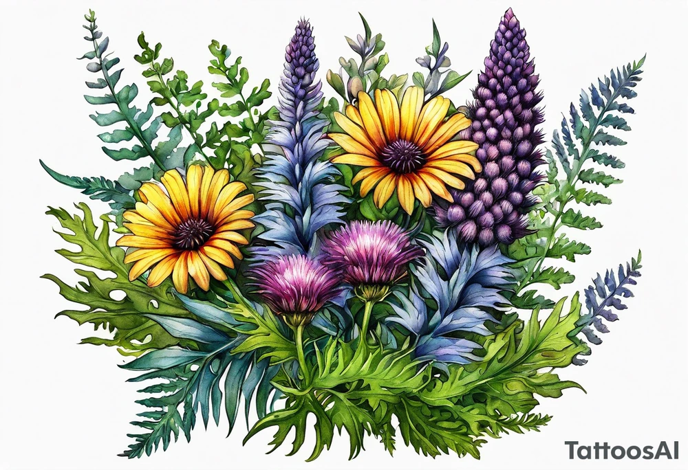 small vertical mixed wildflower bouquet with ferns, thistle and with color tattoo idea