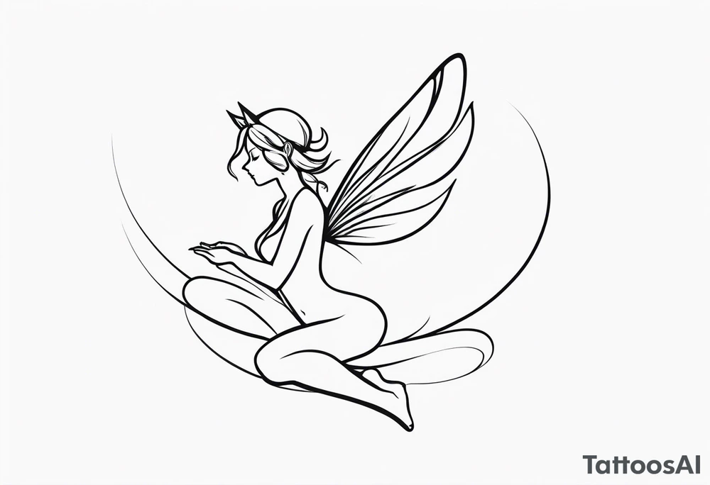 Minimalistic, monochromatic fairy with a tail flying to the left in a fetal position, leaning and looking in the same direction, with visible hands, embodying the 'Fairy Tail' logo aesthetic. tattoo idea