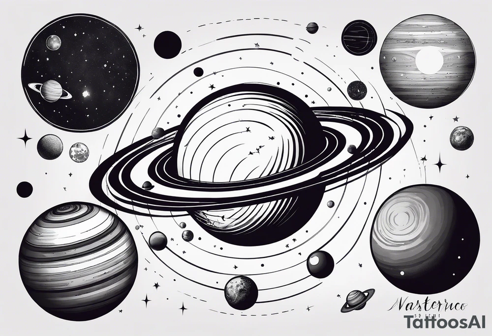 an accurate depiction of our solar system with each planet named in a sleeve tattoo format, minimalistic with thin lines and a lot of empty unfilled space tattoo idea