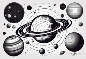 an accurate depiction of our solar system with each planet named in a sleeve tattoo format, minimalistic with thin lines and a lot of empty unfilled space tattoo idea