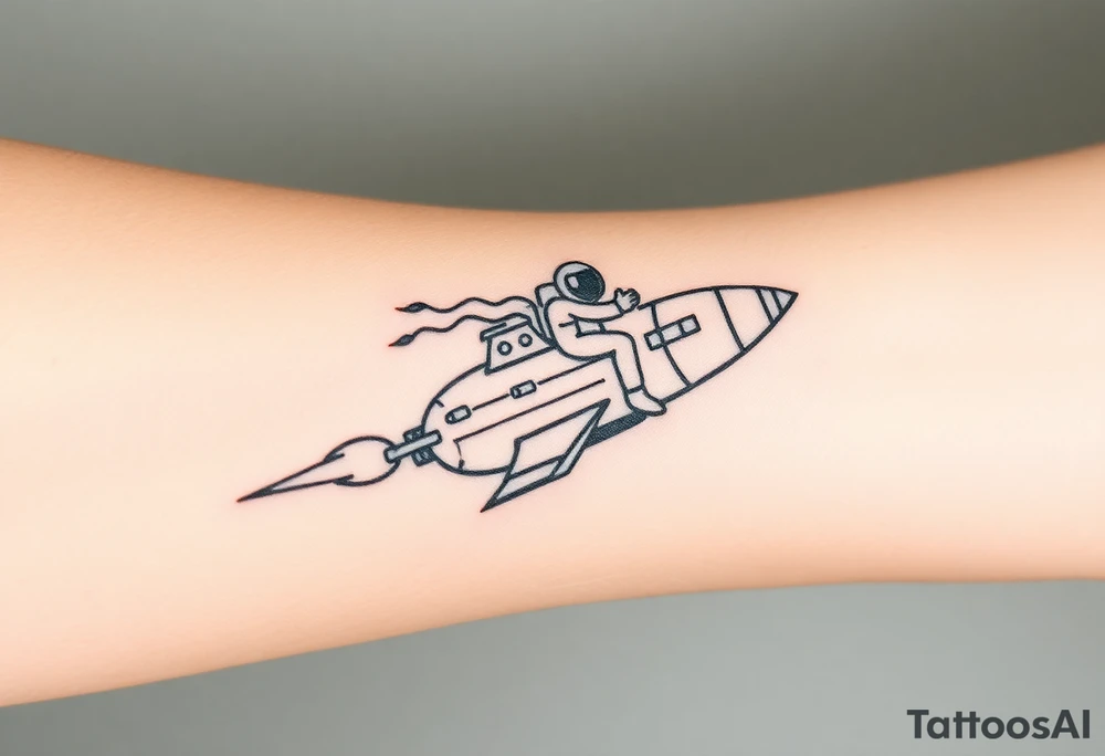 Busted Rocket ship with smoke coming out the back with astronaut riding it tattoo idea