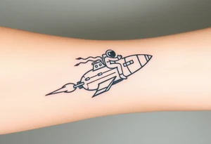 Busted Rocket ship with smoke coming out the back with astronaut riding it tattoo idea