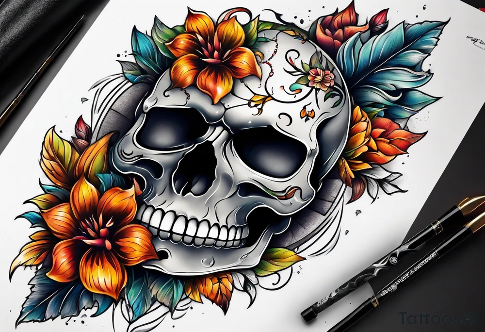 center Knee tattoo with realistic evil skull, various flowers, water and fall colors tattoo idea