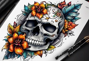 center Knee tattoo with realistic evil skull, various flowers, water and fall colors tattoo idea