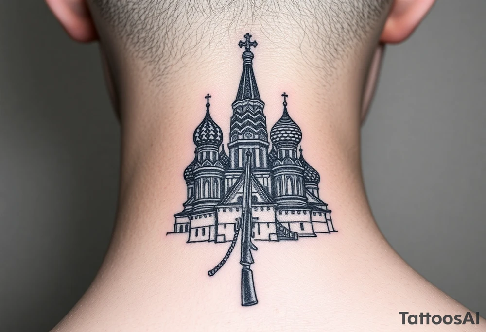 St. Basil's Cathedral scene with a christian orthodox in a ak47 style with a beaded thurible chain tattoo idea