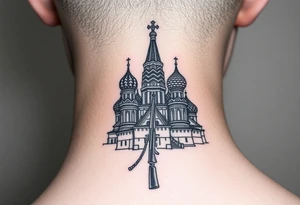 St. Basil's Cathedral scene with a christian orthodox in a ak47 style with a beaded thurible chain tattoo idea
