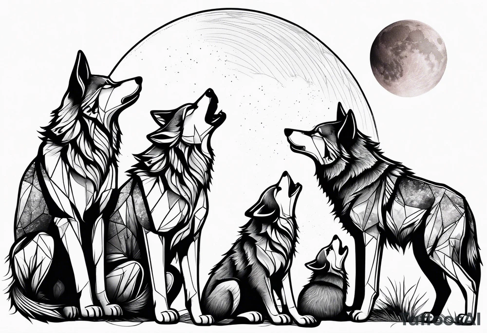 Wolfs with 4 cubs howling at blood moon tattoo idea