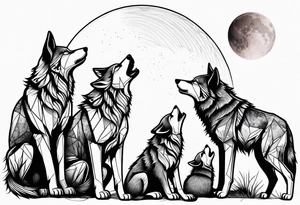 Wolfs with 4 cubs howling at blood moon tattoo idea