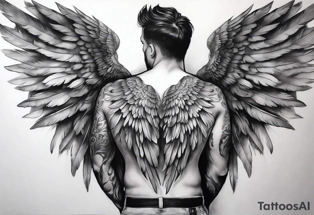 Realistic angel wings extending from a mens shoulders, covering the upper arms and upper back. The feathers are intricately detailed, with soft shading in black and gray to create depth and texture. The wings gently converge in the middle of the back, forming a harmonious and cohesive design. tattoo idea